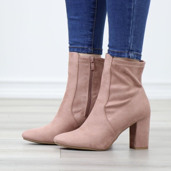 Pointed Toe Pink Faux Suede Block High Heel Above Ankle Boots - Picture 13 of 14